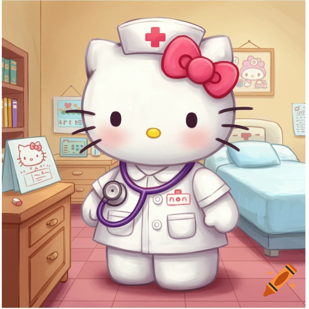 Hello Kitty dressed as a nurse holds a stethoscope in a clinic room, cartoon style.