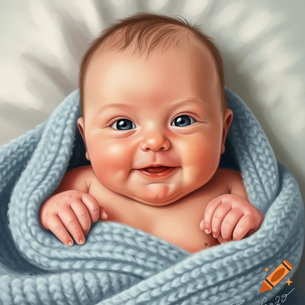 Close-up image of a cute newborn baby wrapped in a blue knitted blanket, smiling with blue eyes.