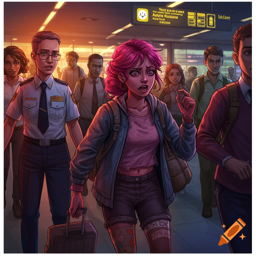 Illustrative image of a distressed woman with pink hair and suitcase being led through a crowded airport by a security officer.