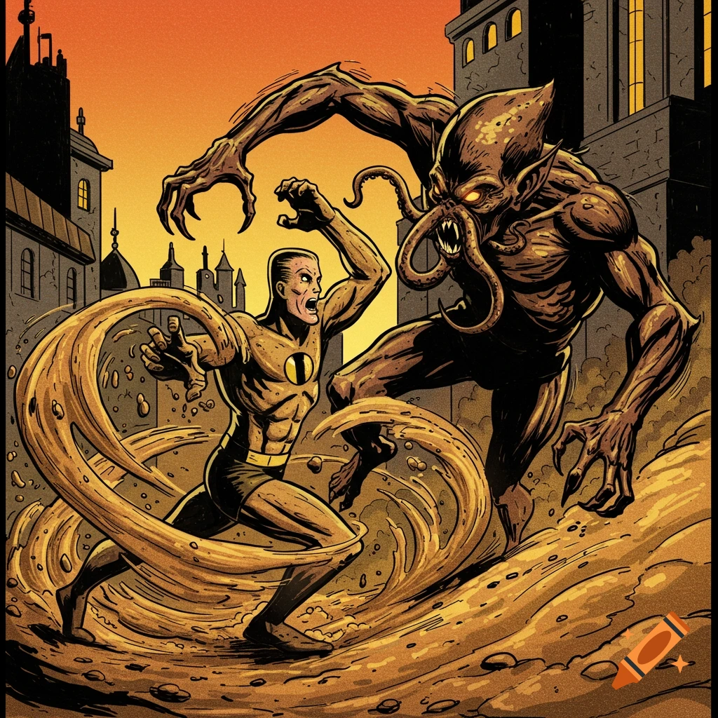 Comic book art of Sandman, a hero with sand powers, fighting a tentacled monster in a city street.