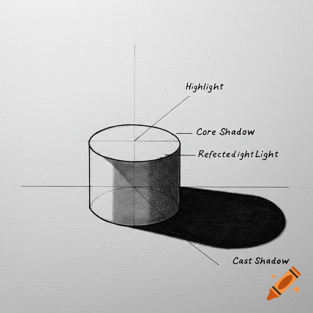 Pencil drawing of a cylinder showing and labeling highlight, core shadow, reflected light, and cast shadow.