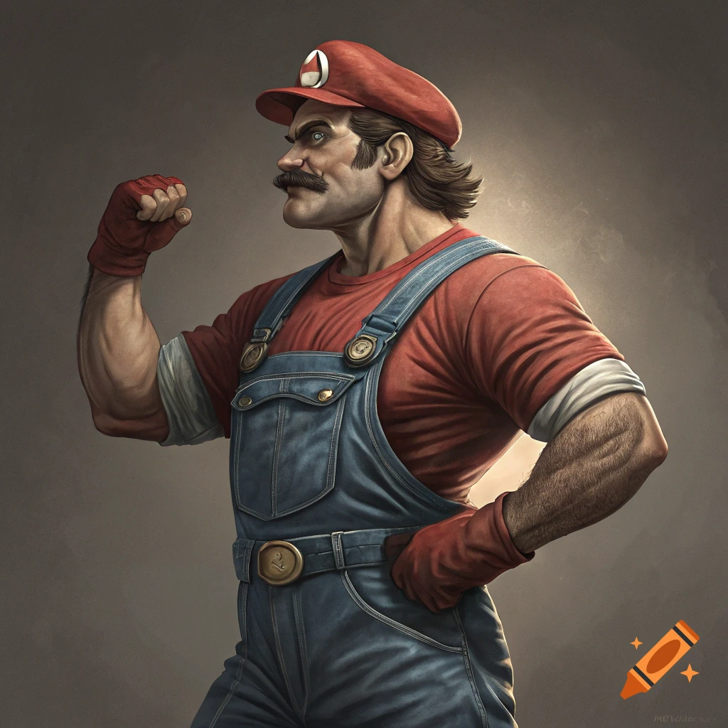 A realistic illustration of a muscular Mario in his signature outfit flexing his arm.