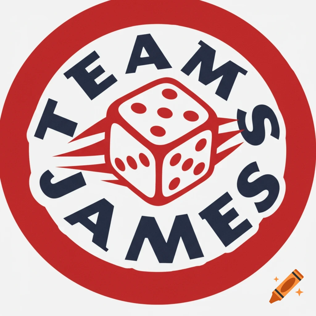 Circular red and white logo with dark blue text "TEAM JAMES" and a central red dice graphic.