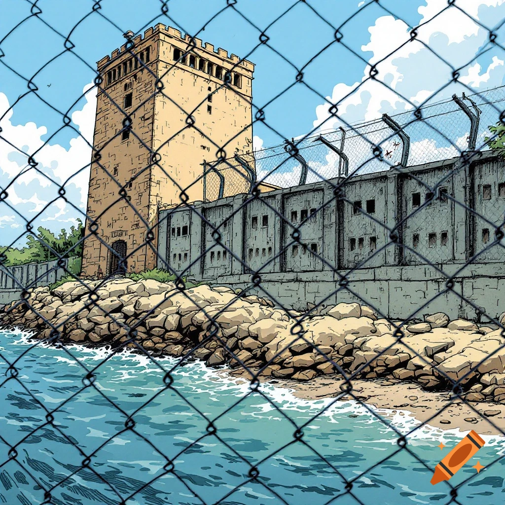Comic book style illustration of a stone tower and concrete wall by the sea, seen through a chain-link fence.
