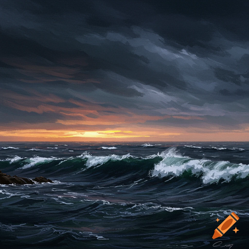 A dark stormy ocean with crashing waves under a cloudy sky at sunset in a painted style.