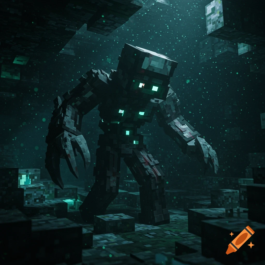 Blocky fantasy creature in a dark, blocky cave with glowing lights