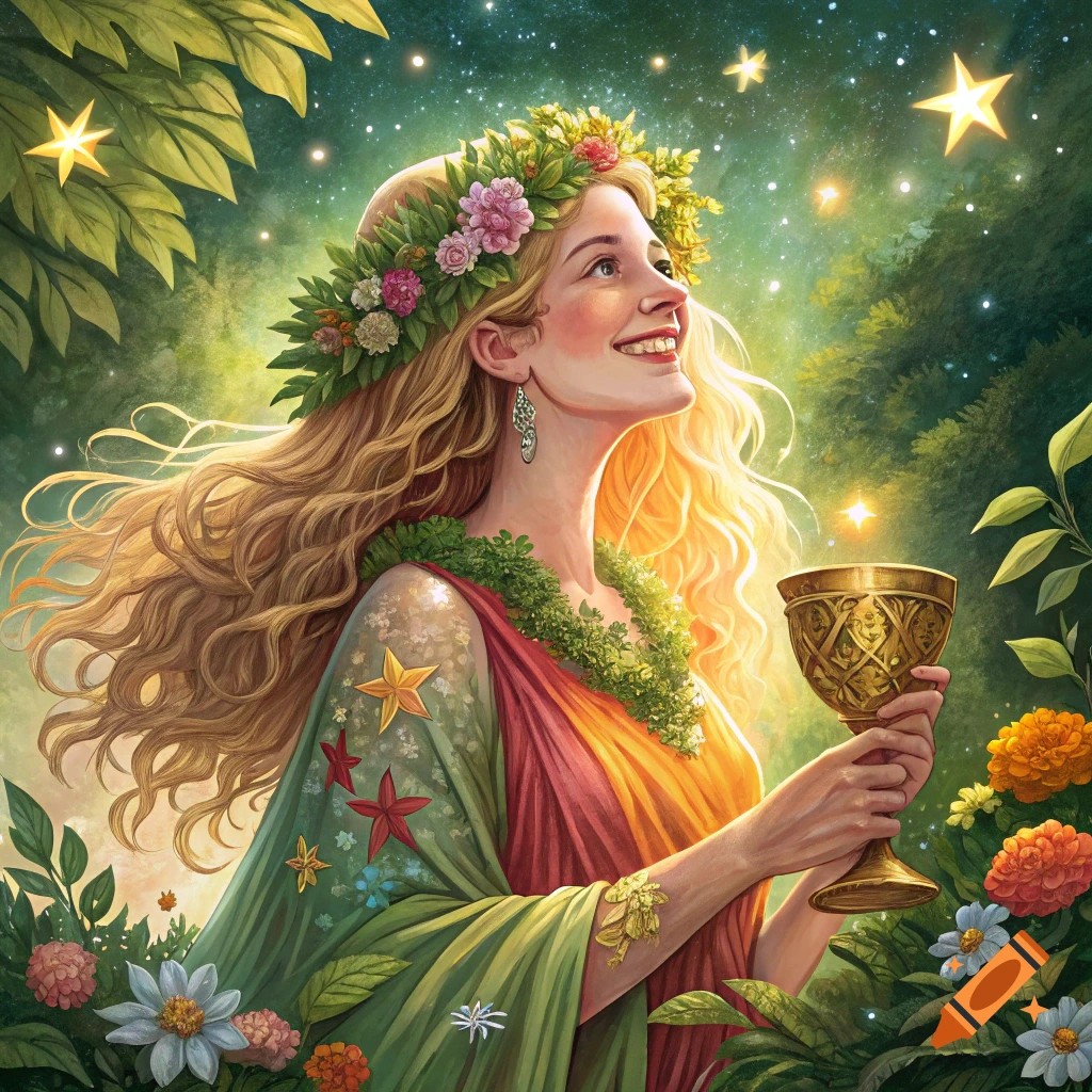 A woman with flowers in her hair holds a golden cup in a fantasy forest under a starry sky.