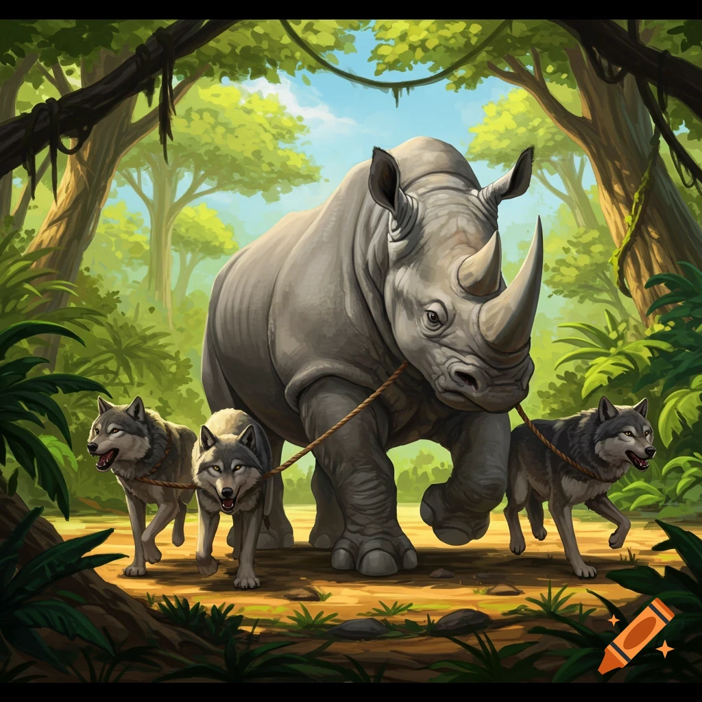 An illustration of a large rhino leading three wolves on leashes through a lush jungle.