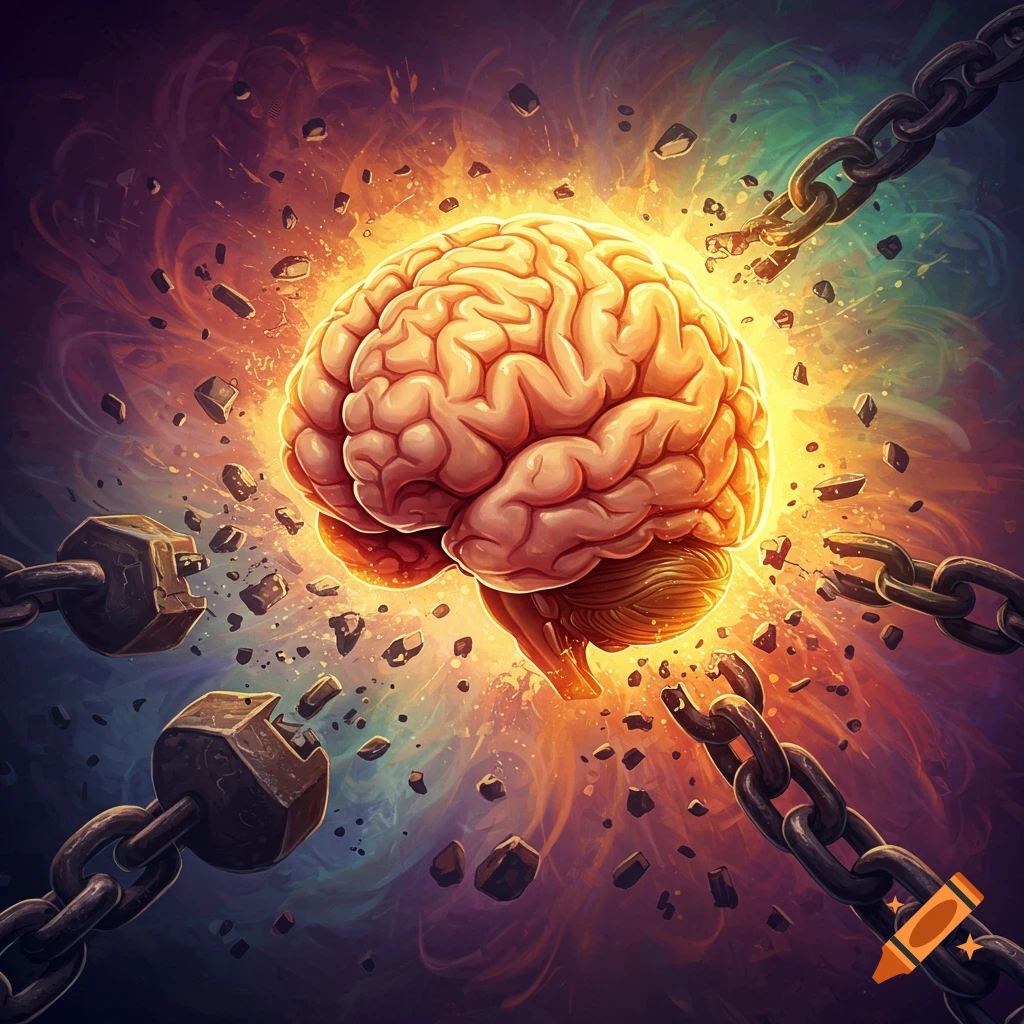 A glowing brain breaks free from chains amidst energy and debris.