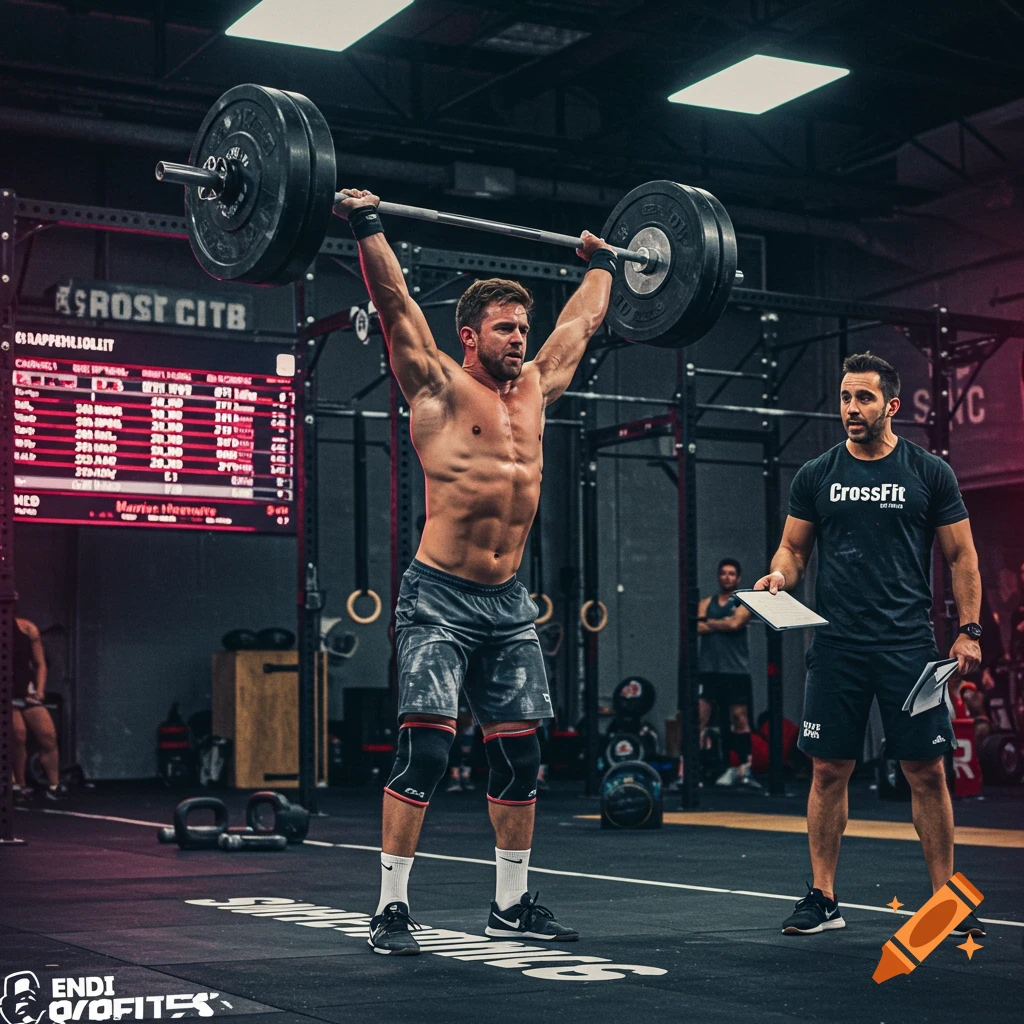 Man performs an overhead lift with a barbell in a CrossFit gym while a coach observes.