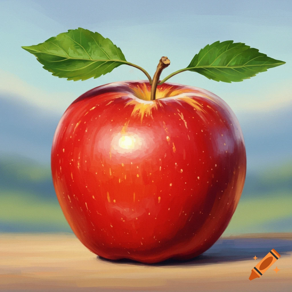 A painting of a red apple with leaves on a wooden surface.