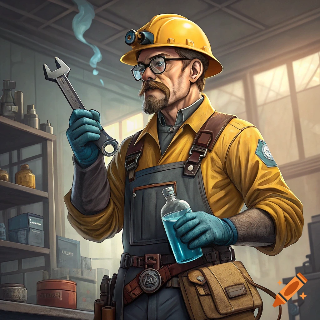 A stylized man in a hard hat and overalls holds a wrench and a bottle in a workshop.
