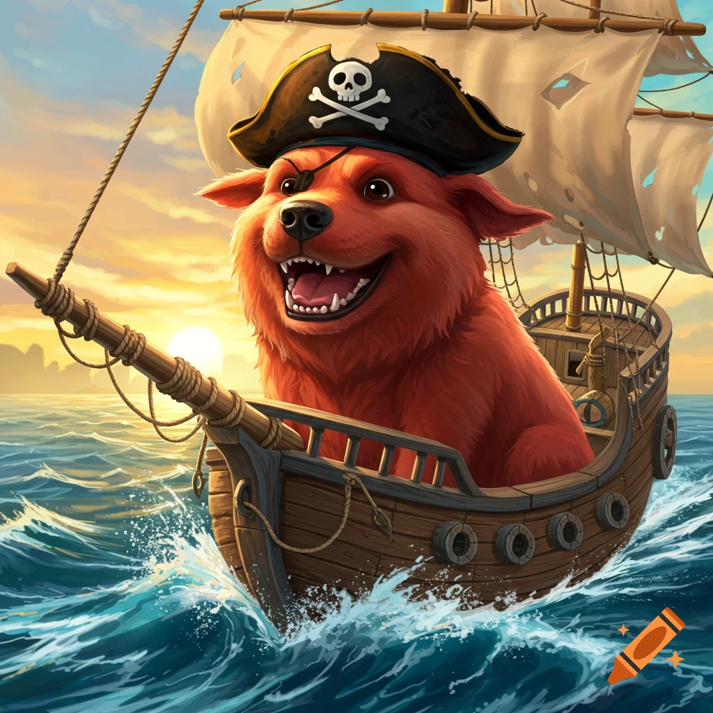 A cartoon red dog in a pirate hat sails a ship on a rough sea at sunset.