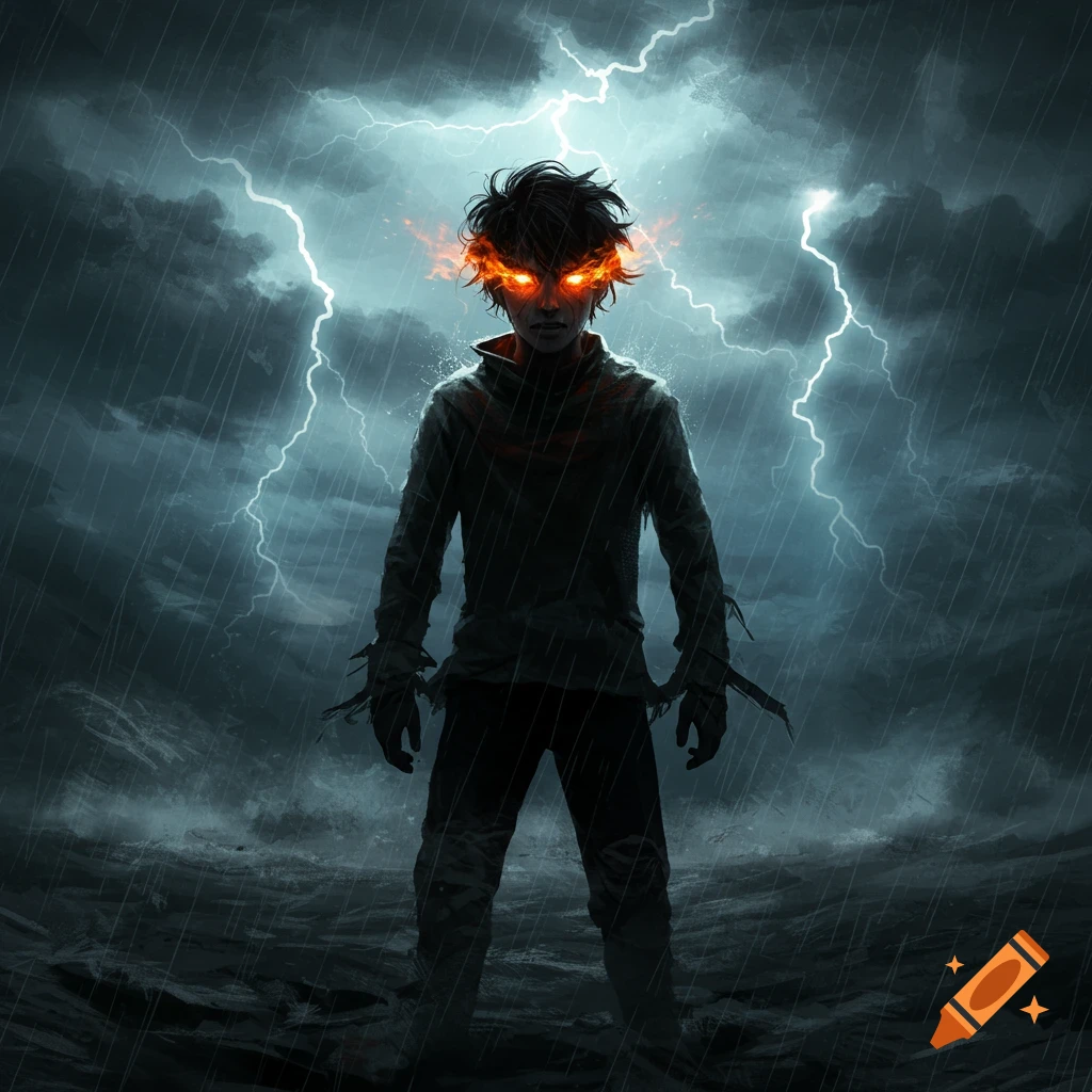 A lone figure with glowing fiery eyes stands in a storm with lightning.