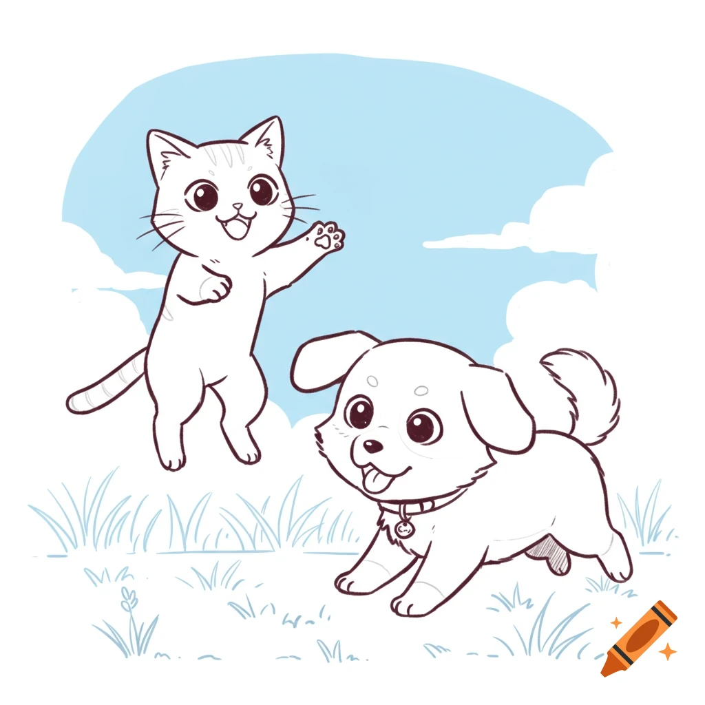 Line art illustration of a cute cat and dog playing outdoors.