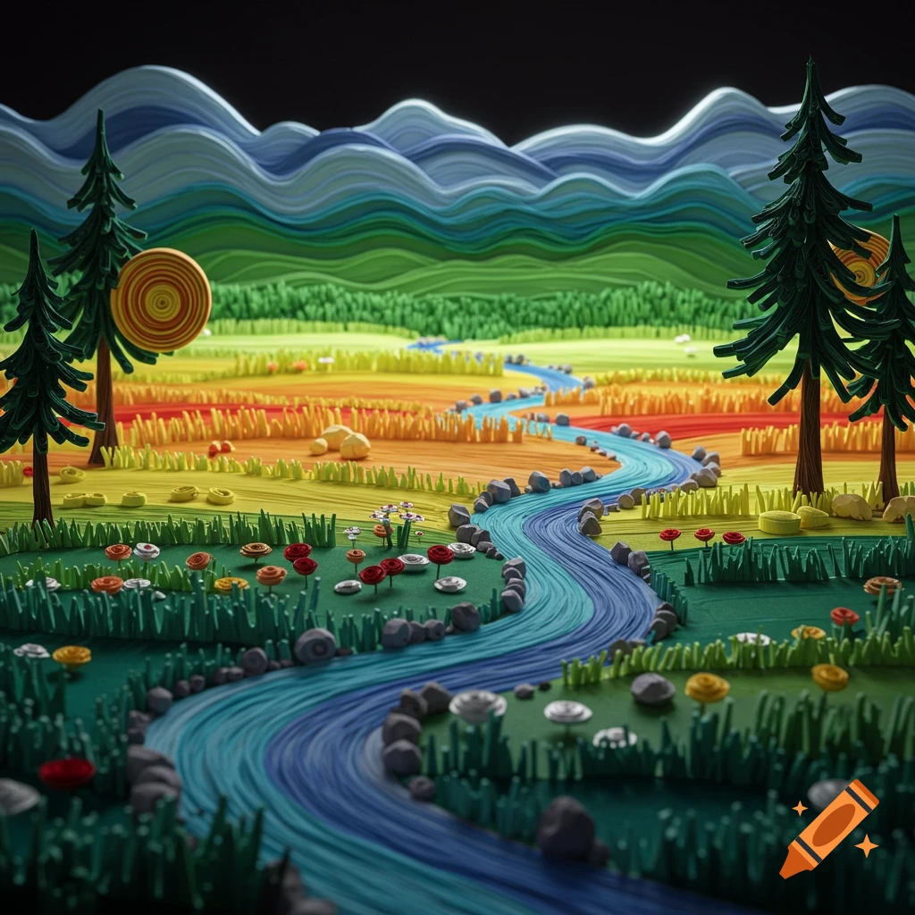 Colorful landscape made of paper quilling, with a blue river, green mountains, trees, and flowers.