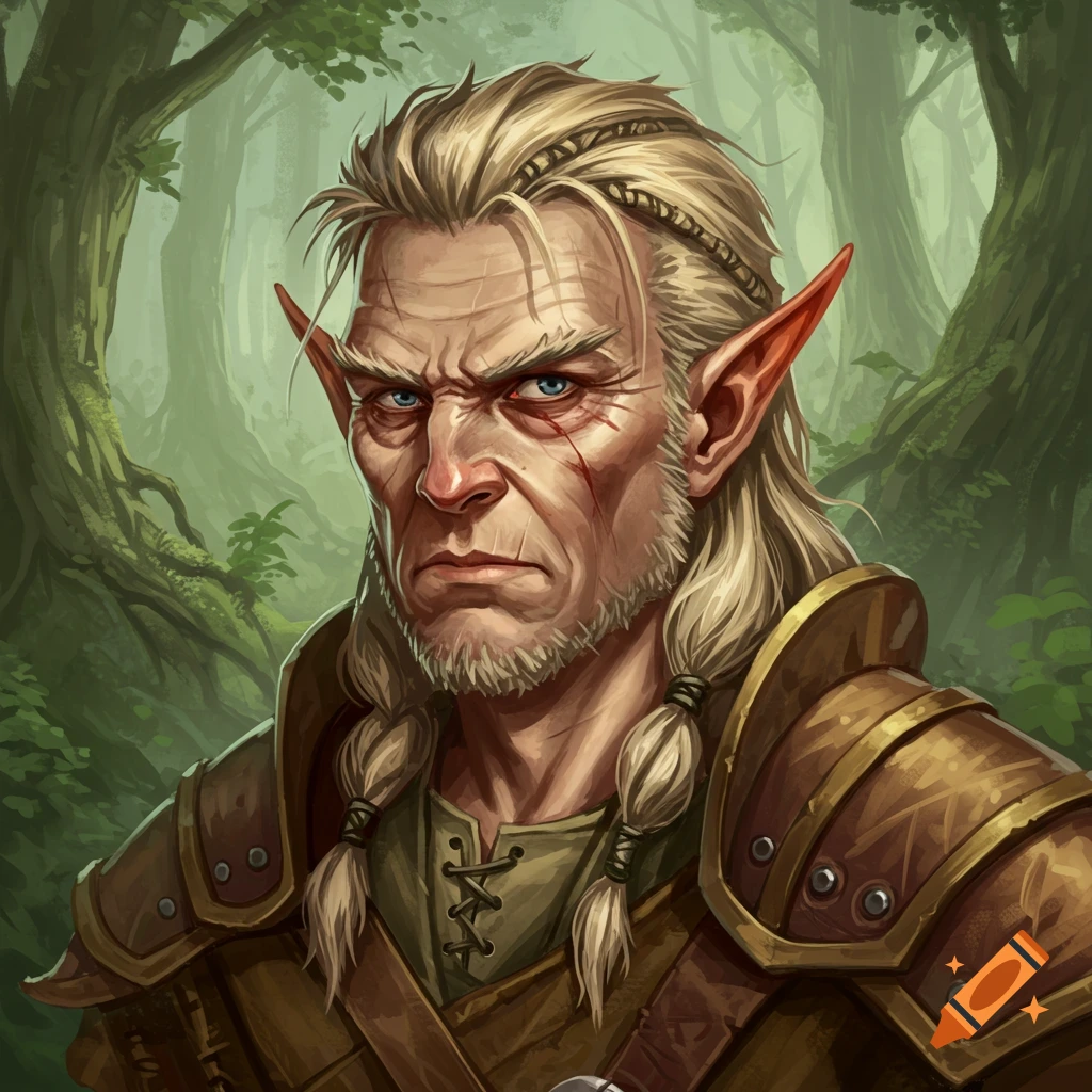 Portrait illustration of a scowling wood elf with blonde hair and scarred face in forest.