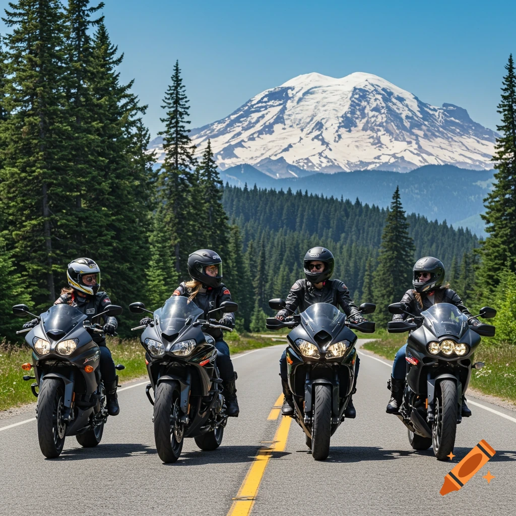 Four women ride motorcycles on a road with a snow-capped mountain in the background.