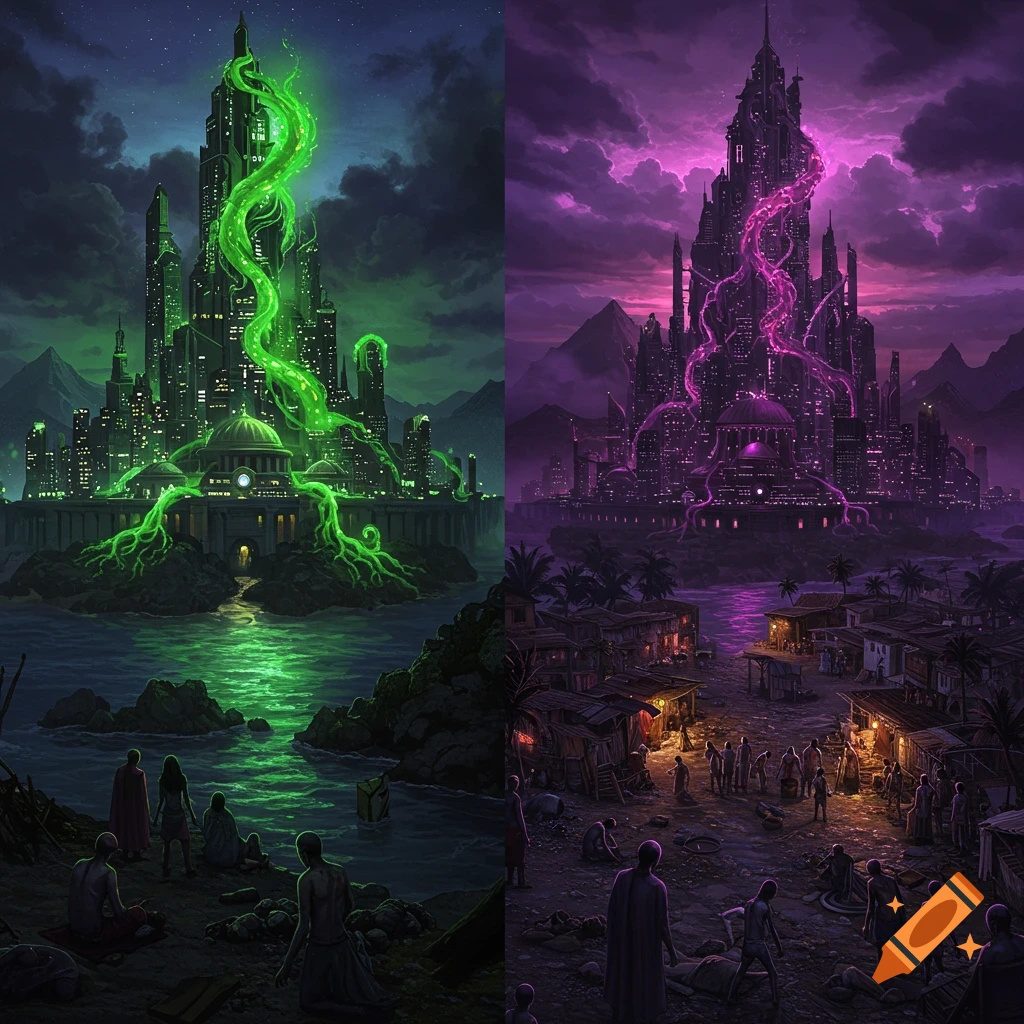 Two fantasy cities, one green and one purple, connected by glowing tendrils, overlook settlements with crowds of people.