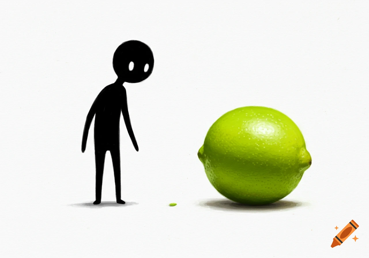 A black stick figure stands next to a large lime on a white background. Minimalist illustration.