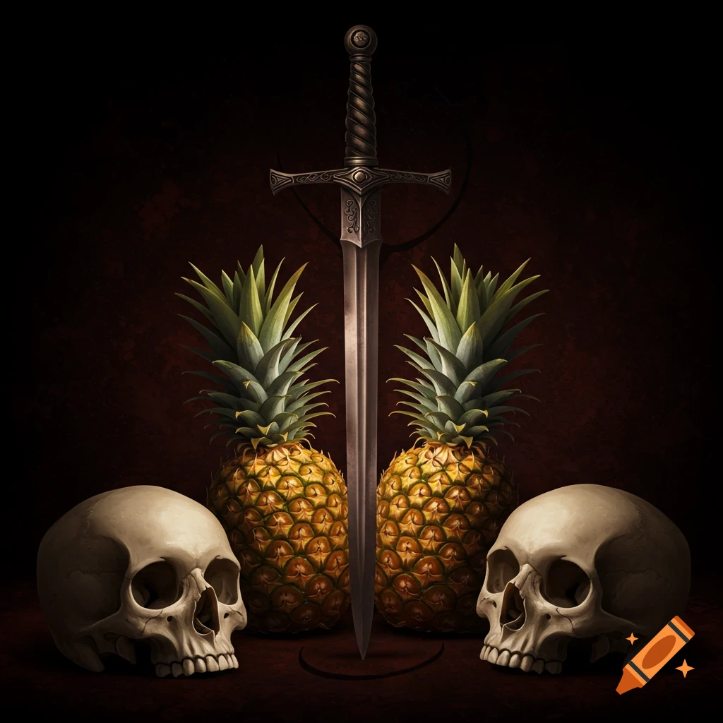 Still life with two realistic skulls, two pineapples, and a sword on a dark background.