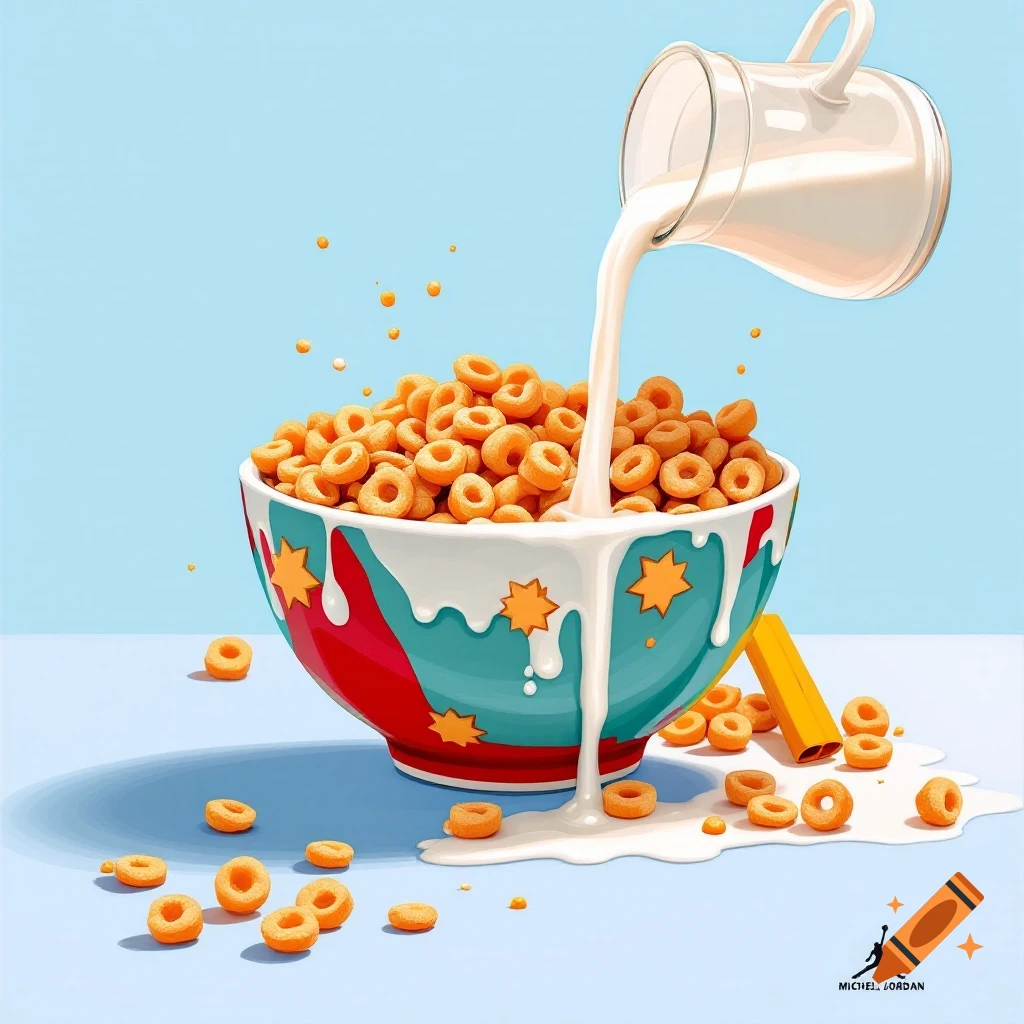 Milk pours into a bowl of ring cereal with spills on a blue background. Illustration style.