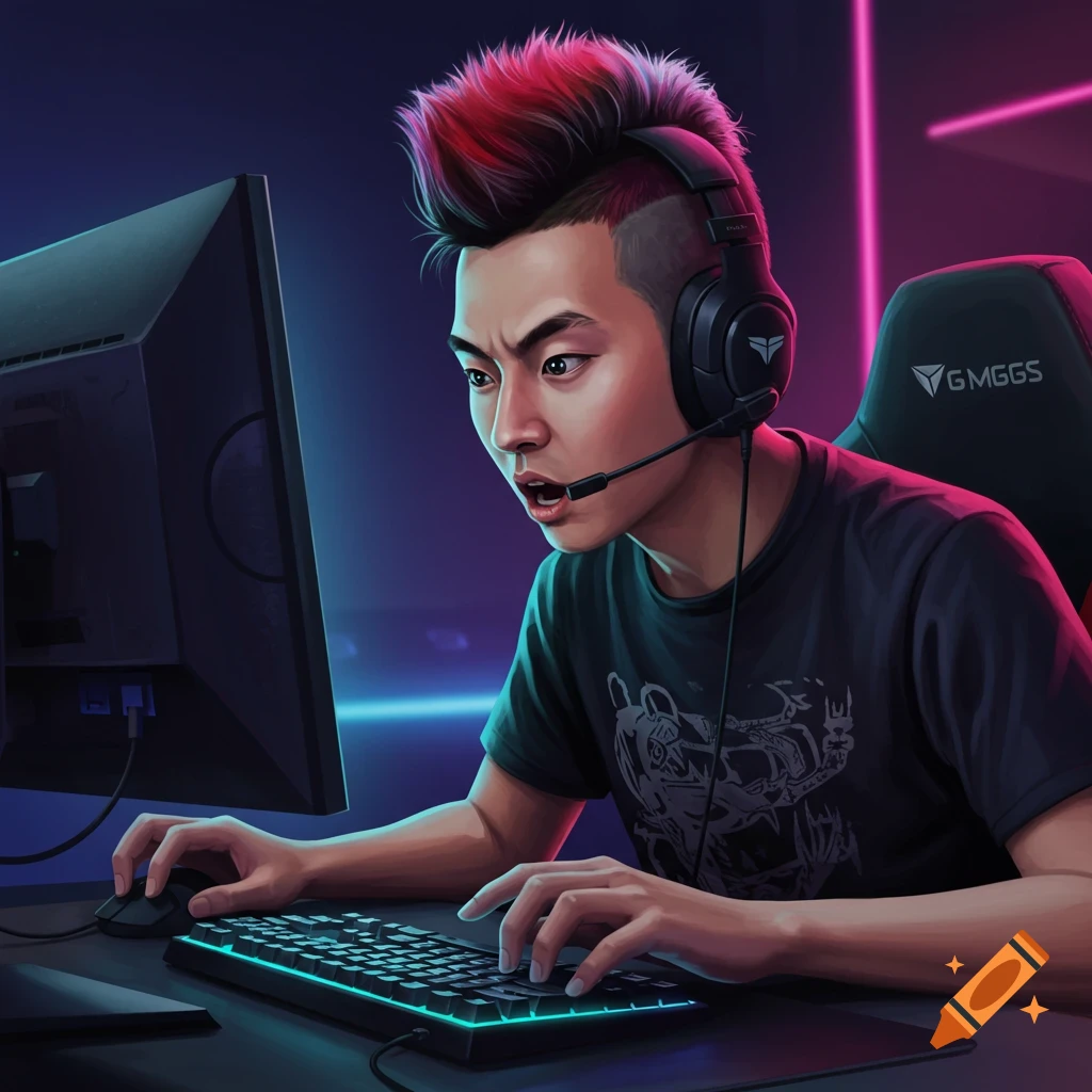 Gamer playing on computer with headphones and neon lights.