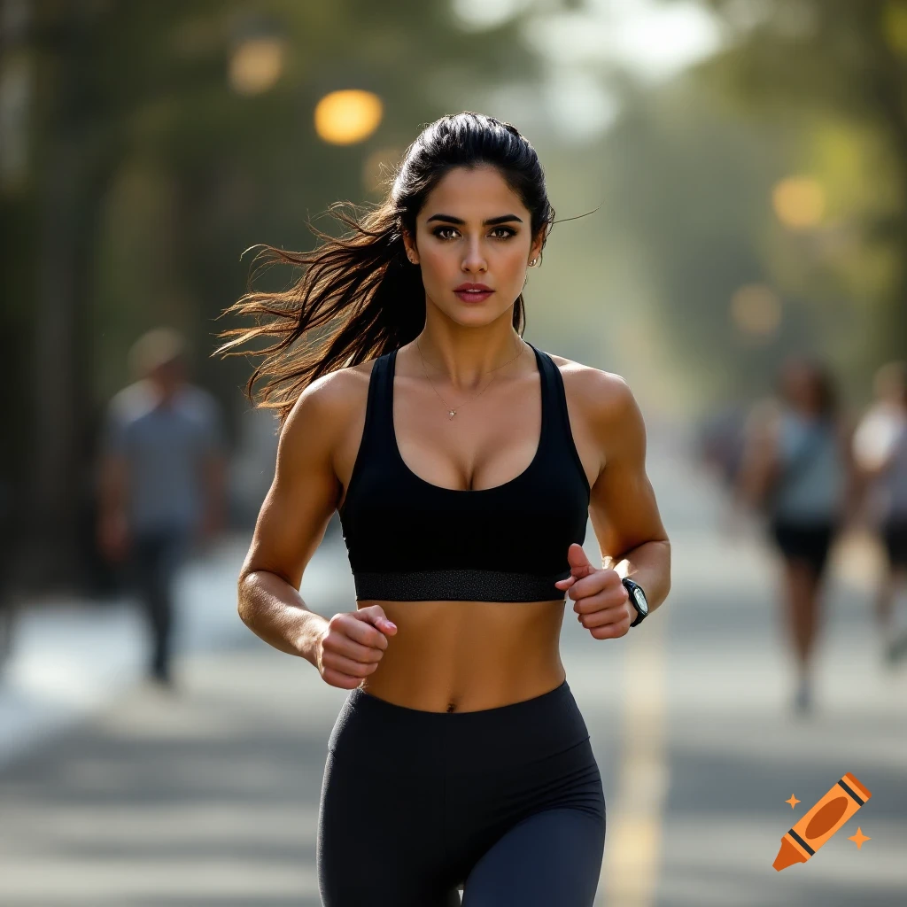 A woman running outdoors in a sports bra and leggings.