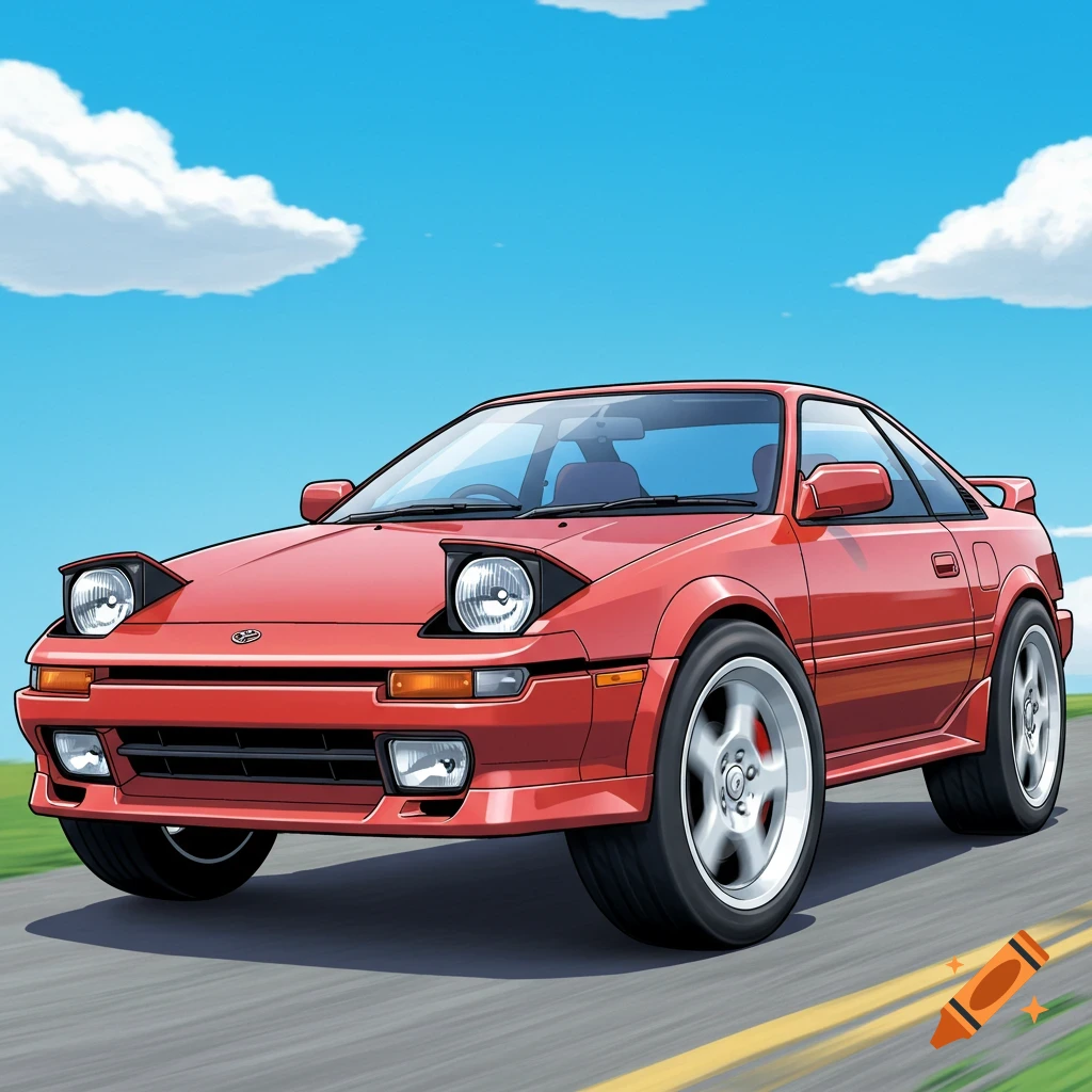 Cartoon illustration of a red Toyota MR2 driving on a road.