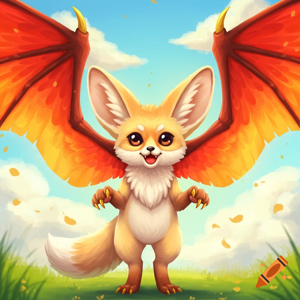 Cartoon illustration of a fennec fox with orange dragon wings and sharp claws standing in grass