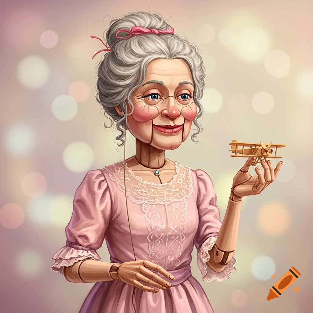 An illustration of an old lady styled as a ventriloquist dummy, holding a small wooden airplane.