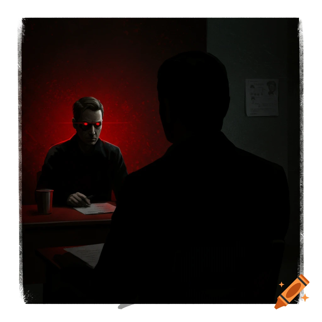 Two figures in a dark interview room, one with glowing red eyes facing a silhouetted person.