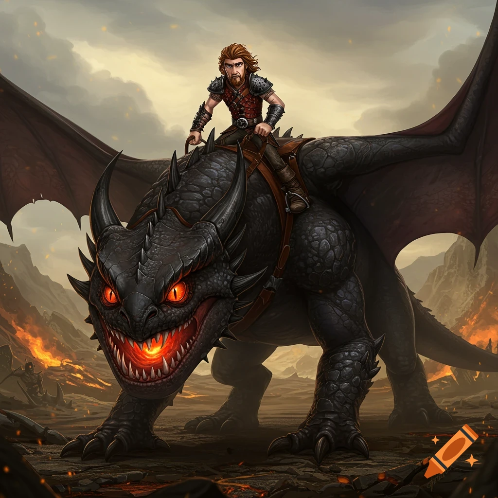 A man rides a black dragon with glowing eyes over a fiery battleground.
