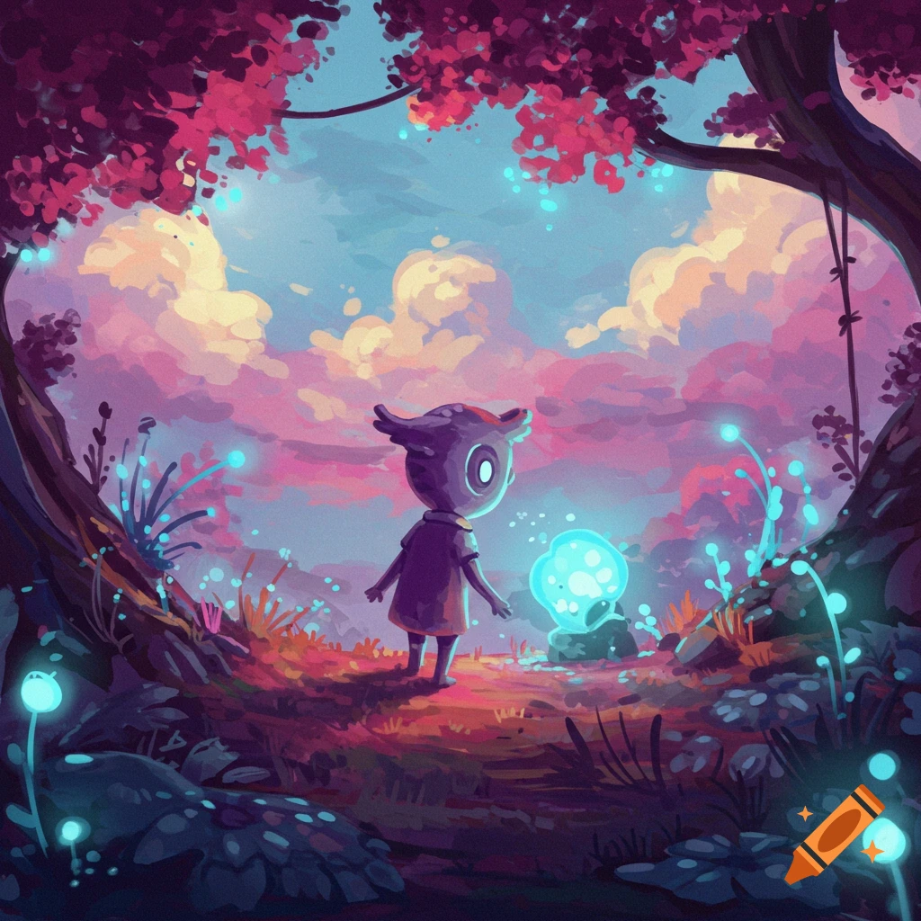 A small creature with horns looks at a glowing mushroom in a vibrant, stylized fantasy forest at dusk.