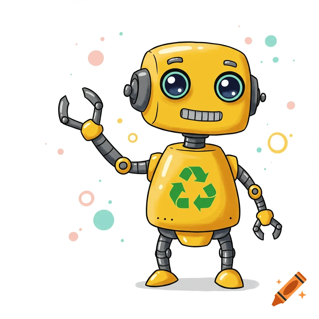 Cute simple robot with mechanical arm and recycling symbol on craiyon