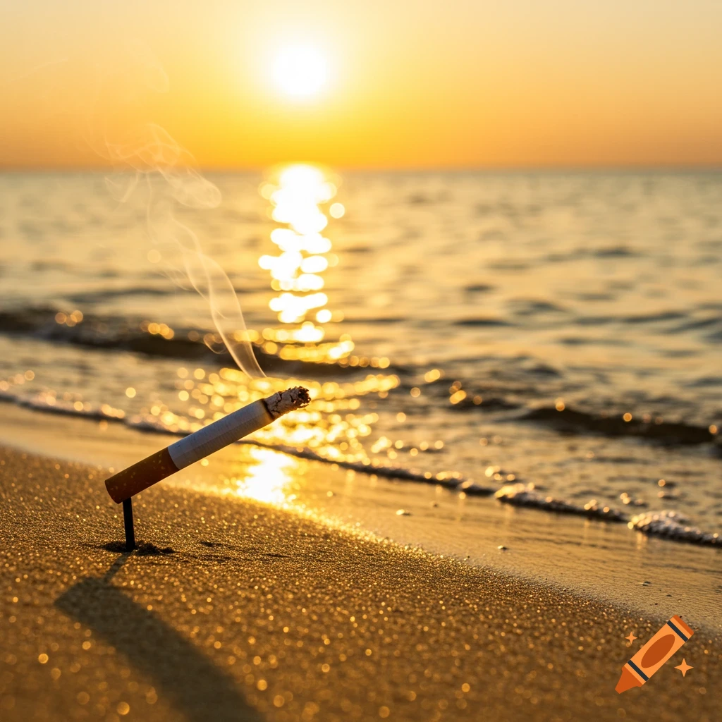 A lit cigarette stands in the sand on a beach at sunset with the ocean in the background.