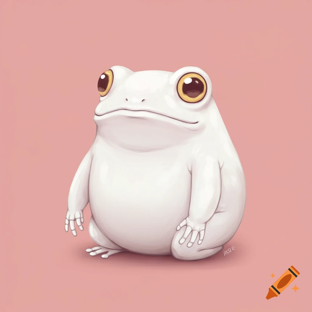 Illustration of a white, chunky frog with big eyes and thin fingers sitting on a pink background.