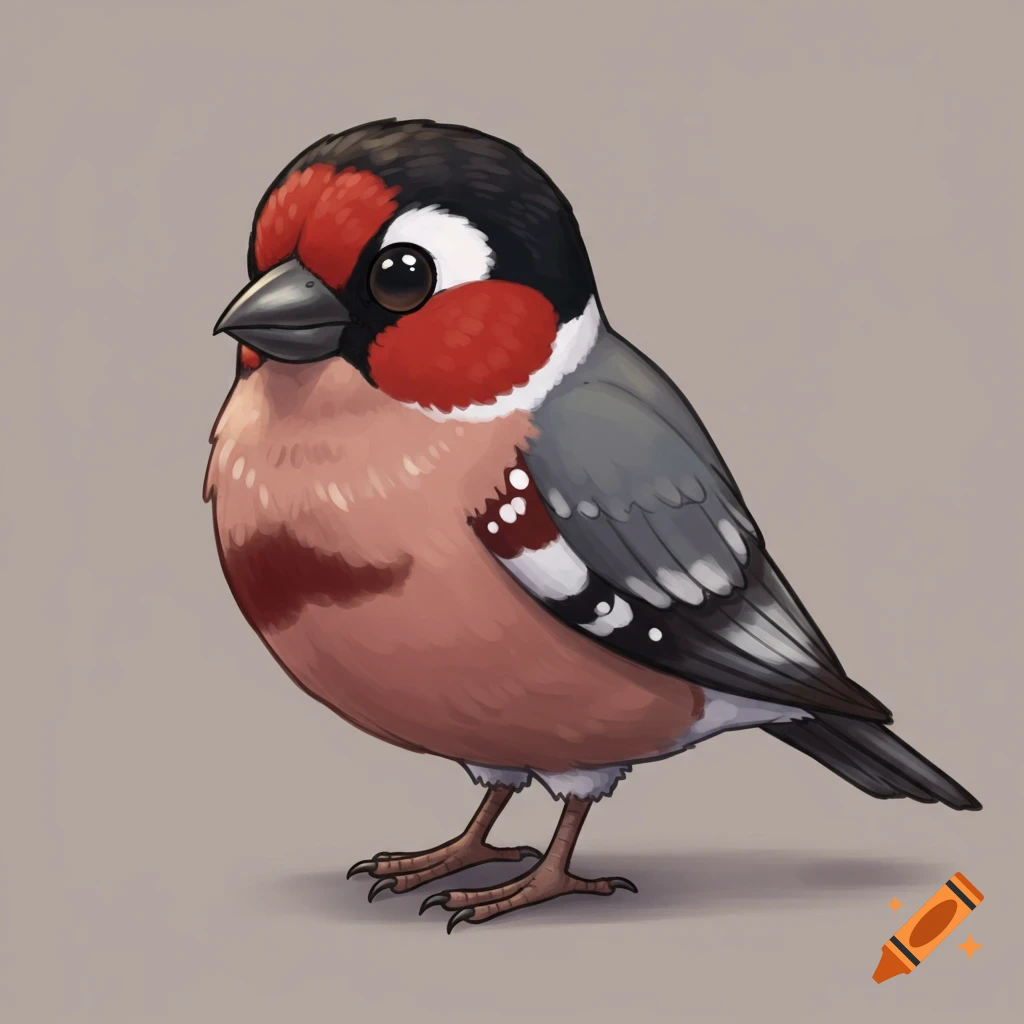 A cute, stylized illustration of a bird with red, black, gray, and pink feathers, standing on a brown surface.