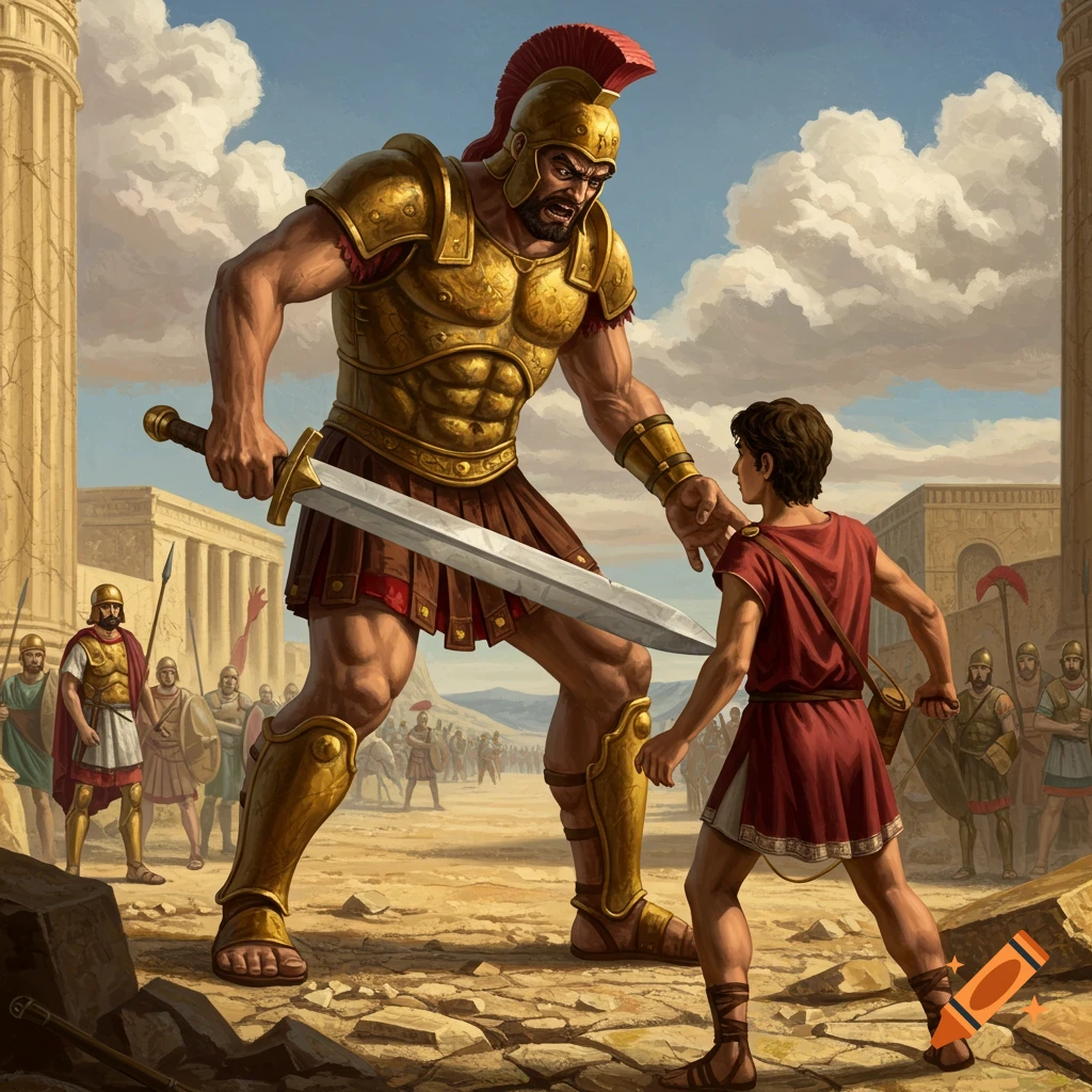 A giant warrior in golden armor confronts a smaller figure in a ruined ancient city.