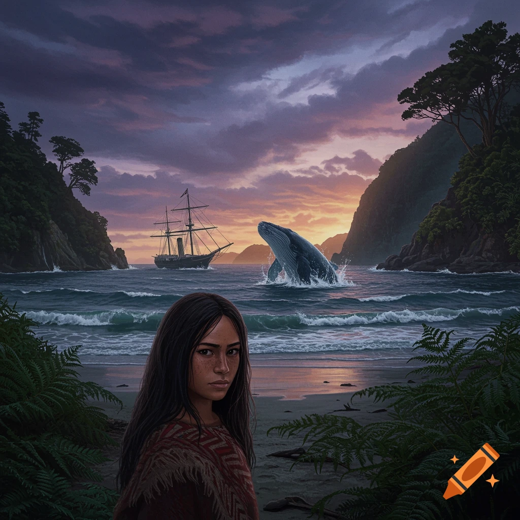 A woman stands on a beach at sunset as a ship sails by and a whale breaches in the water, in a romanticism style.