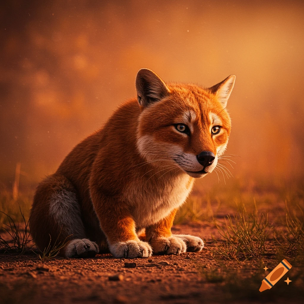 Cute fluffy fox-like creature sits on the ground in warm light.