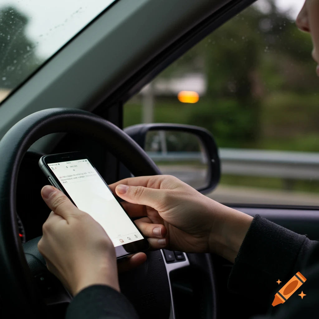 Close-up of person texting on a phone while driving.