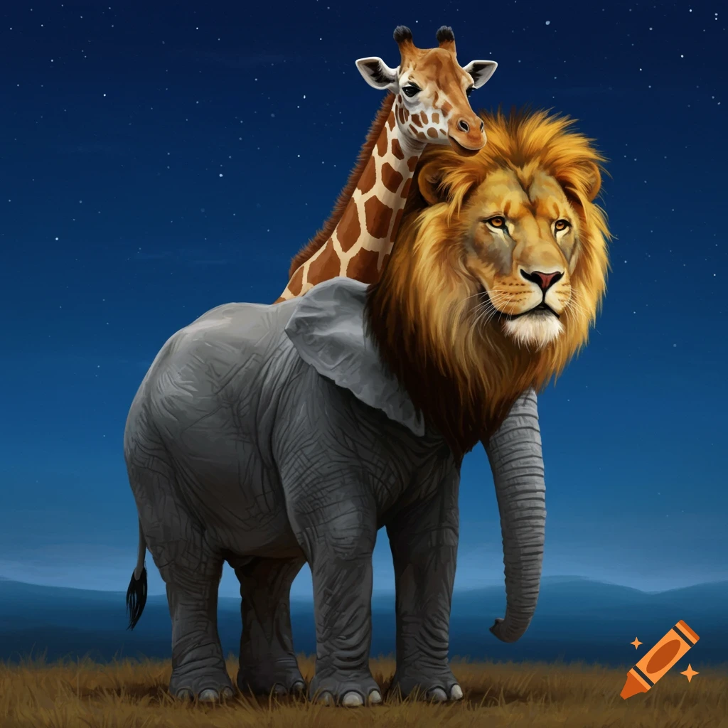 Illustration of an elephant-giraffe-lion hybrid creature standing under a starry night sky.