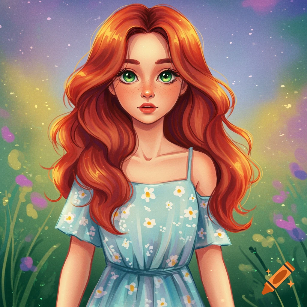 An illustration of a girl with red hair and green eyes in a blue dress standing in a flower field.