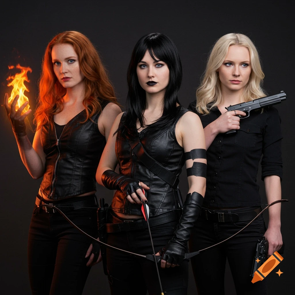 Three women in black leather outfits pose; one with fire, one with a bow and arrow, one with a pistol.