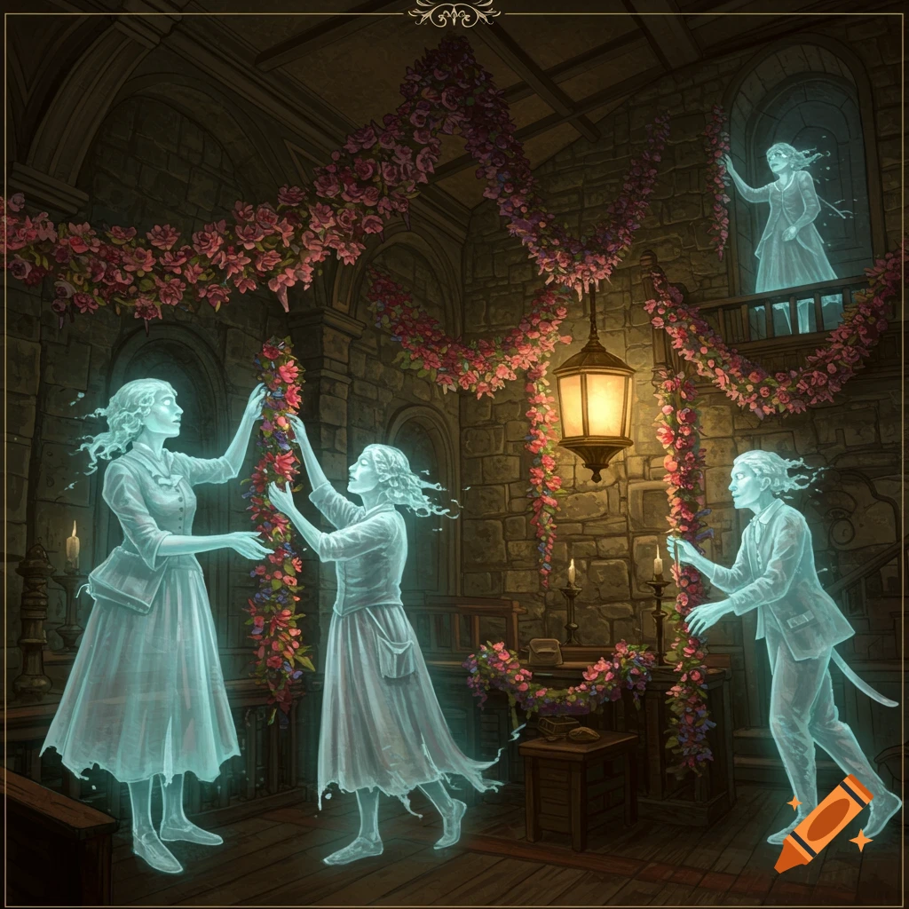 Ghostly figures decorate a stone hall with pink flower garlands. Detailed illustration.