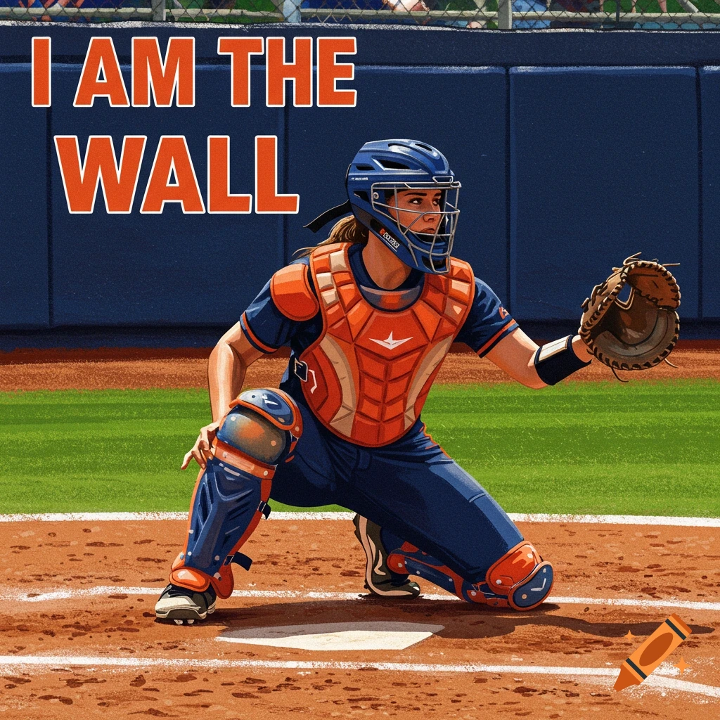 A softball catcher in full gear kneels on the field. Text above reads "I AM THE WALL."