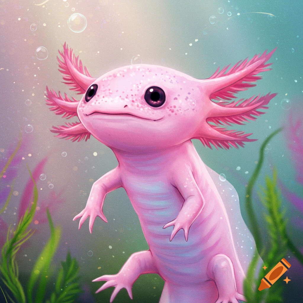 Cute pink axolotl swimming underwater with bubbles and plants, digital art.