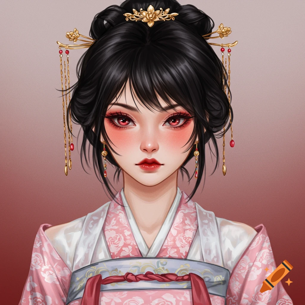 Digital portrait of a woman in traditional Chinese hanfu with red eyes and elaborate gold hair ornaments.
