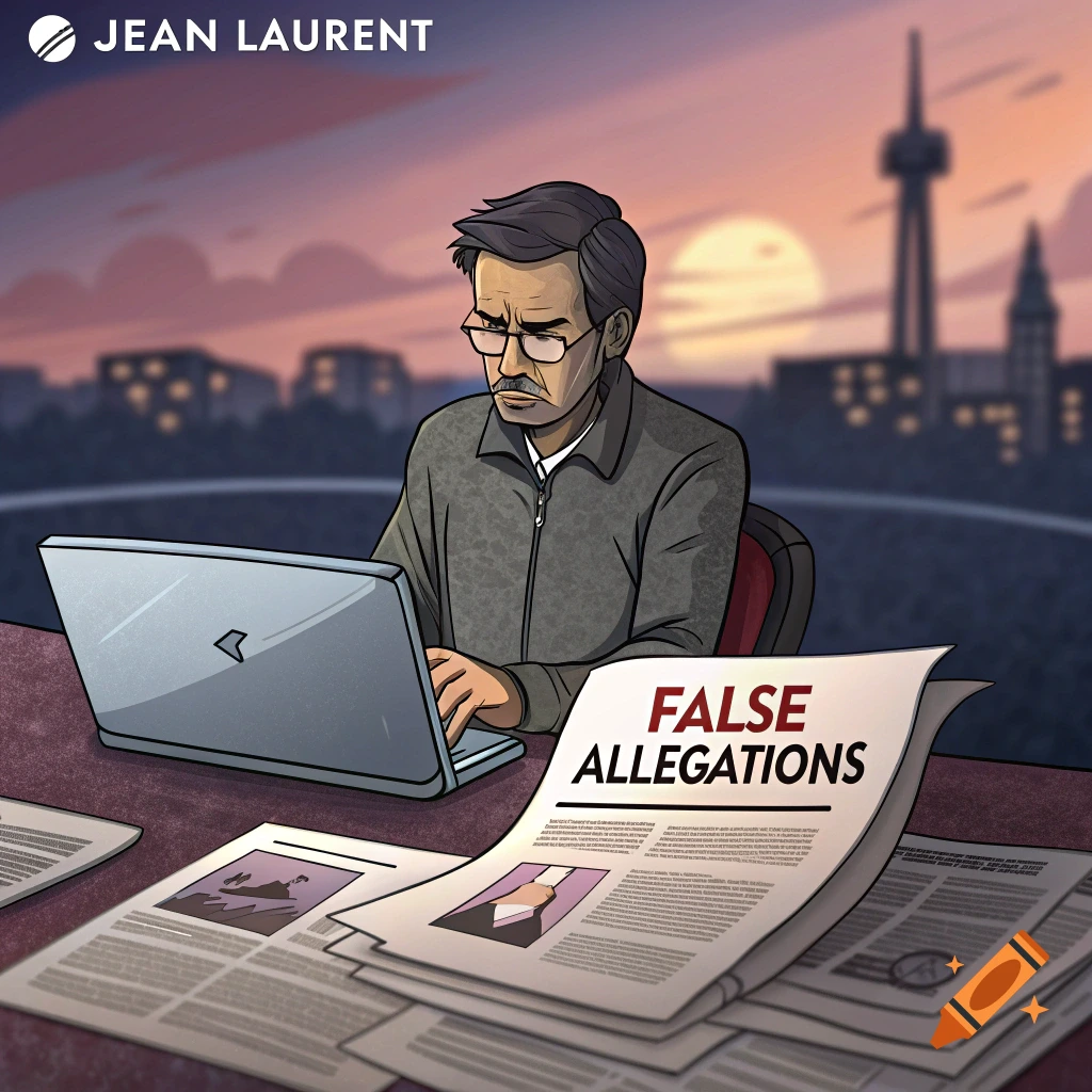 Illustration of a journalist at a desk with a laptop and newspapers against a city sunset.